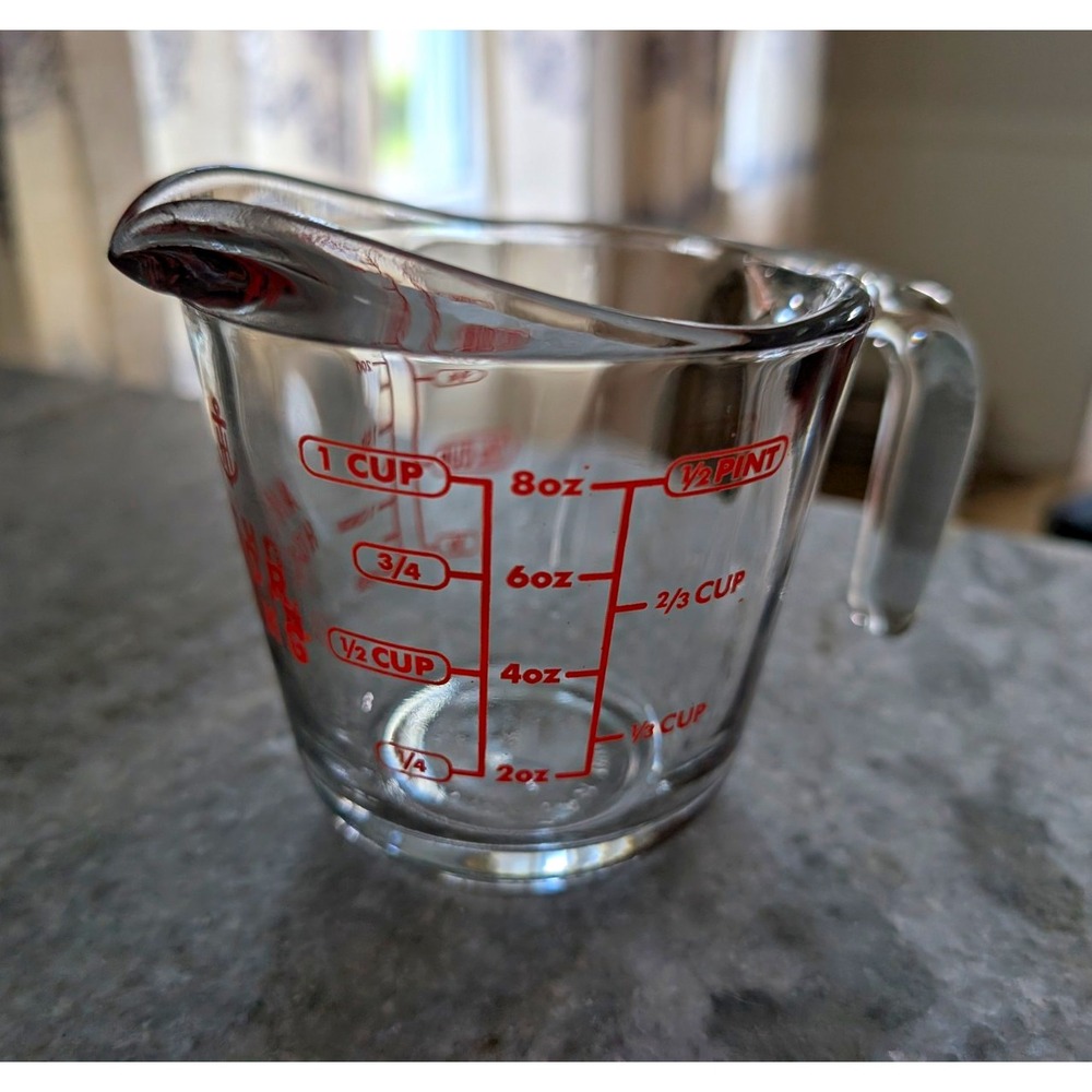 Vintage Anchor Hocking 1-Cup Glass Measuring Cup Red Lettering Made in USA